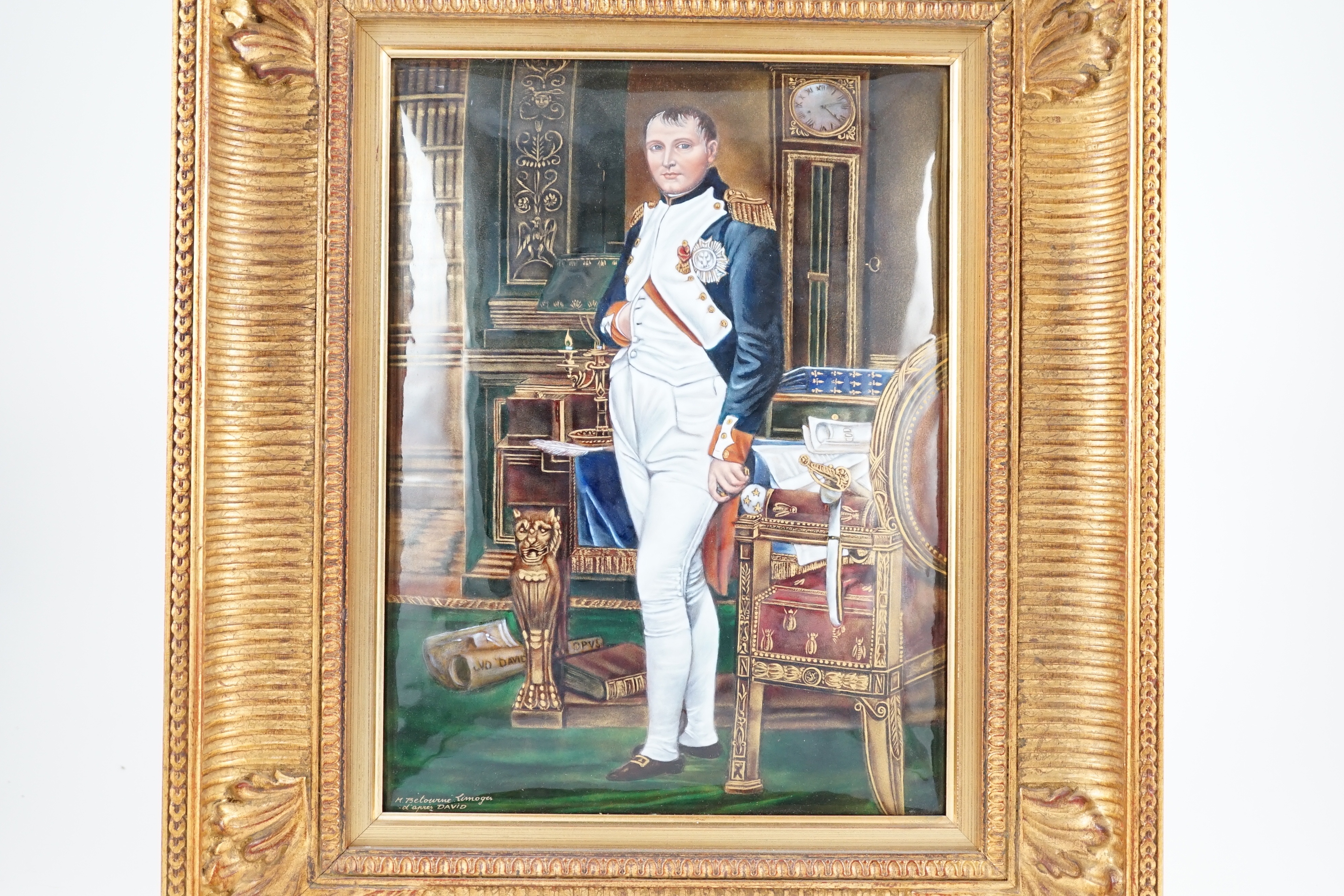 A Limoges enamel plaque of Napoleon, standing in his study, signed by M. Betowine after David, 33. - Bild 8 aus 10