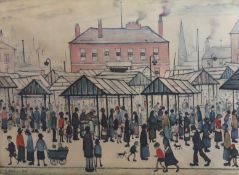 § § Laurence Stephen Lowry R.A.(1887–1976) Market scene in a Northern Townlithographsigned in