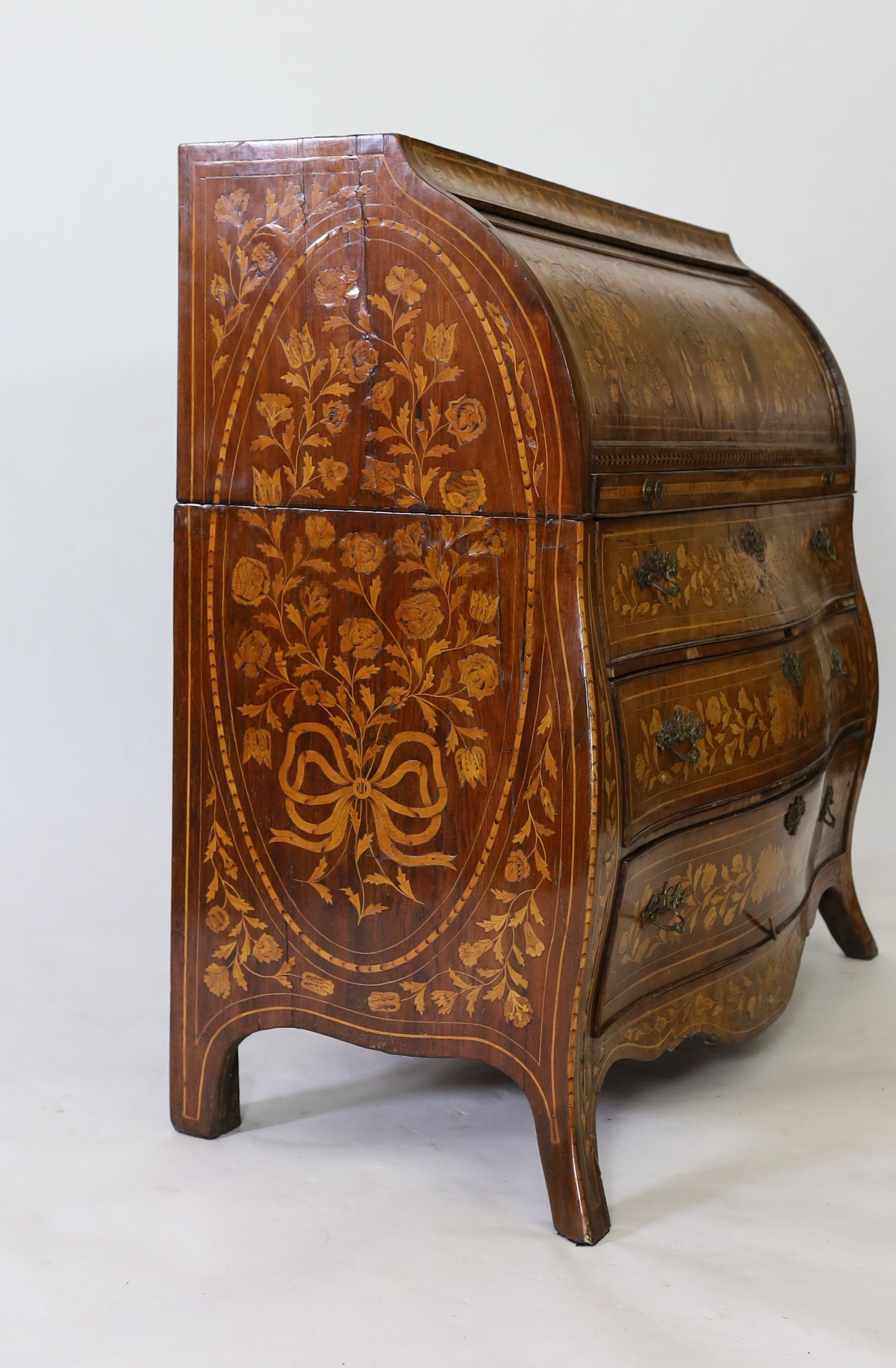 An early 19th century Dutch walnut and floral marquetry bombe cylinder bureau, inlaid throughout - Image 3 of 4