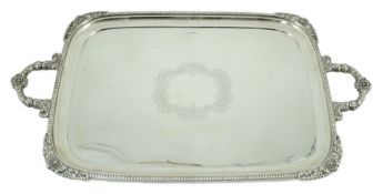 A 1930' silver two handled tea tray, by Walker & Hall, or rounded rectangular form, with gadrooned