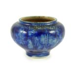 A Martin Brothers blue glazed vase, dated 1912, of squat baluster form with incised vertical