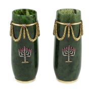 A pair of 20th century Russian style 18K gold, nephrite, diamond and ruby set vases, c.1970