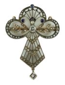 A Belle Epoque gold and silver, sapphire and diamond set openwork drop pendant brooch, set with