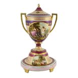 A Vienna style porcelain two handled cup, cover and stand, late 19th century, finely painted with