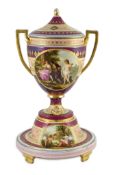 A Vienna style porcelain two handled cup, cover and stand, late 19th century, finely painted with
