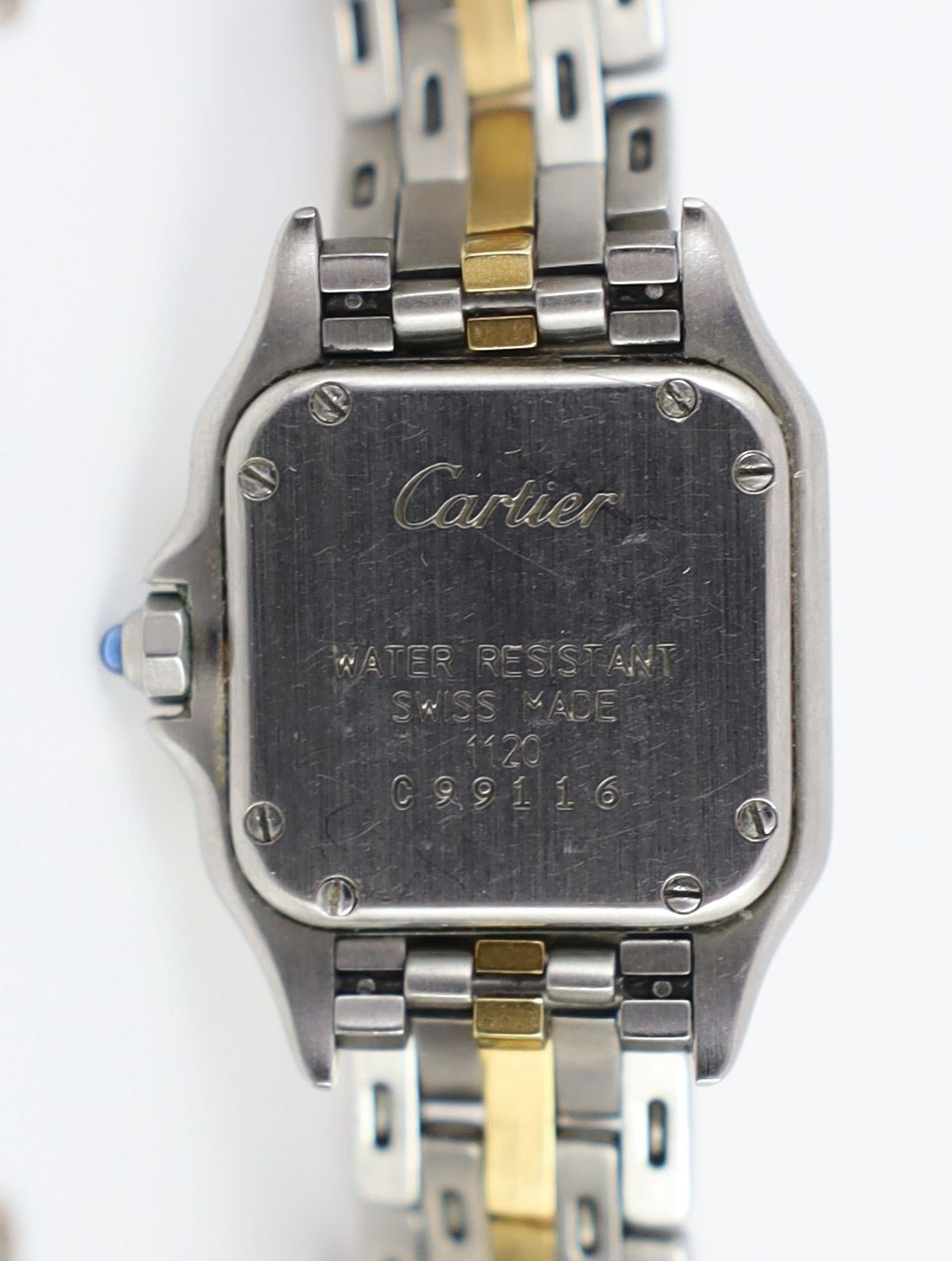 A lady's steel and gold Cartier Panthere quartz wrist watch, with Roman dial and cabochon set crown, - Image 4 of 4