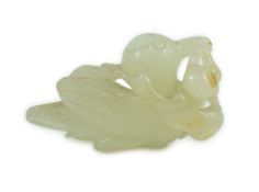 A Chinese pale celadon jade figure of a bird grasping a fruit sprig, 18th/19th century, the stone