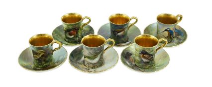 A set of six Paragon bird painted cabinet cups and saucers, 1950s, each cup and saucer finely