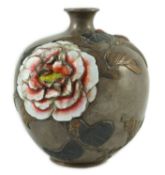 A Japanese silver, enamel and mixed metal vase, Meiji period, decorated with a peony branch in mixed