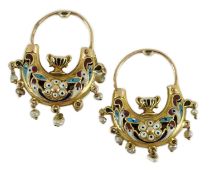 A pair of Swiss gold, polychrome enamel and seed pearl set double sided drop earrings, of demi-