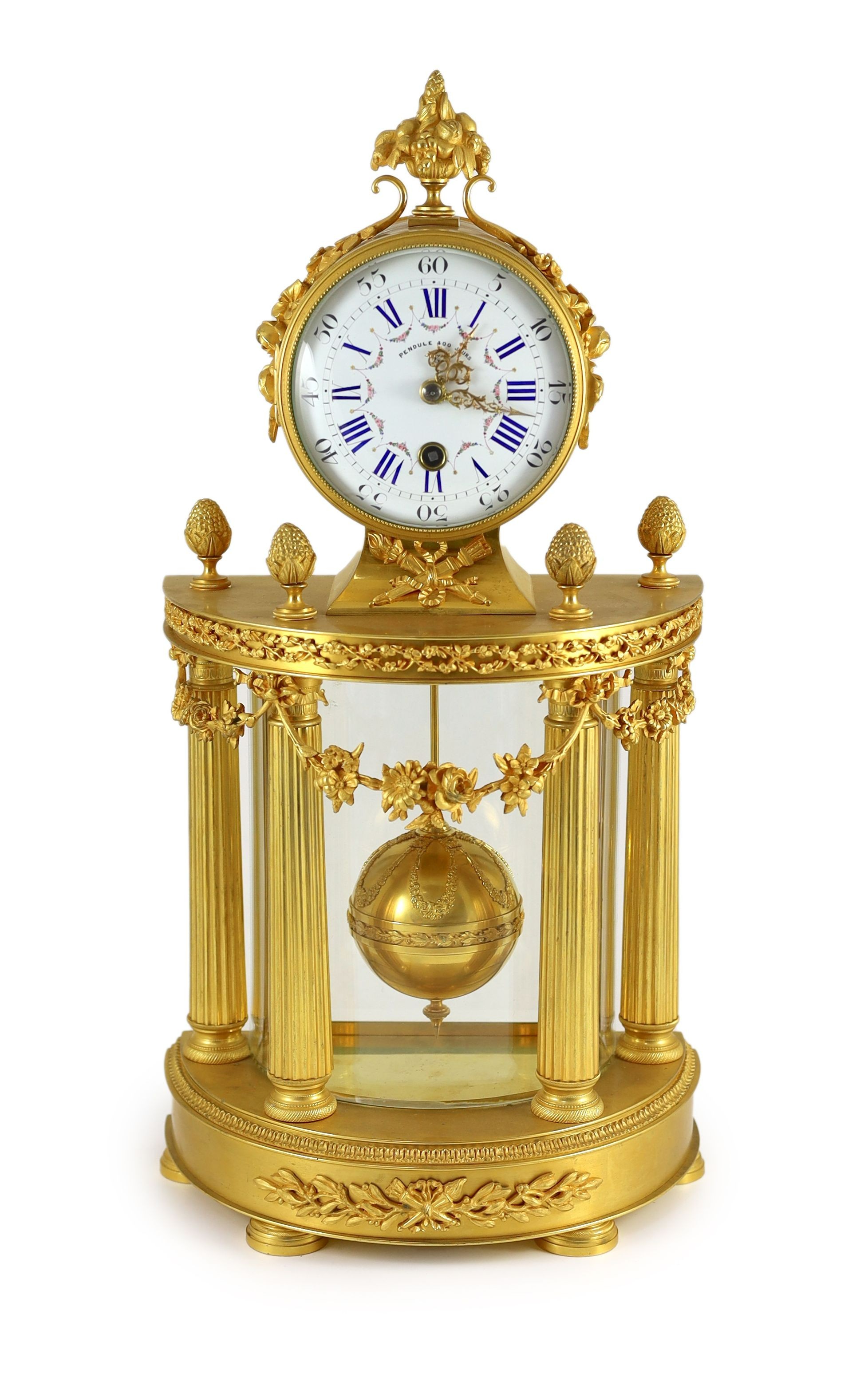 An early 20th century French ormolu 400 day mantel clock, in architectural case with floral