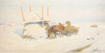 Józef Ryszkiewicz (Polish, 1856-1925) Winter landscape with figure loading a haycart, a troika