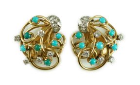 A pair of modern 18k gold diamond and turquoise cluster set scrolling ear clips, 20mm, gross