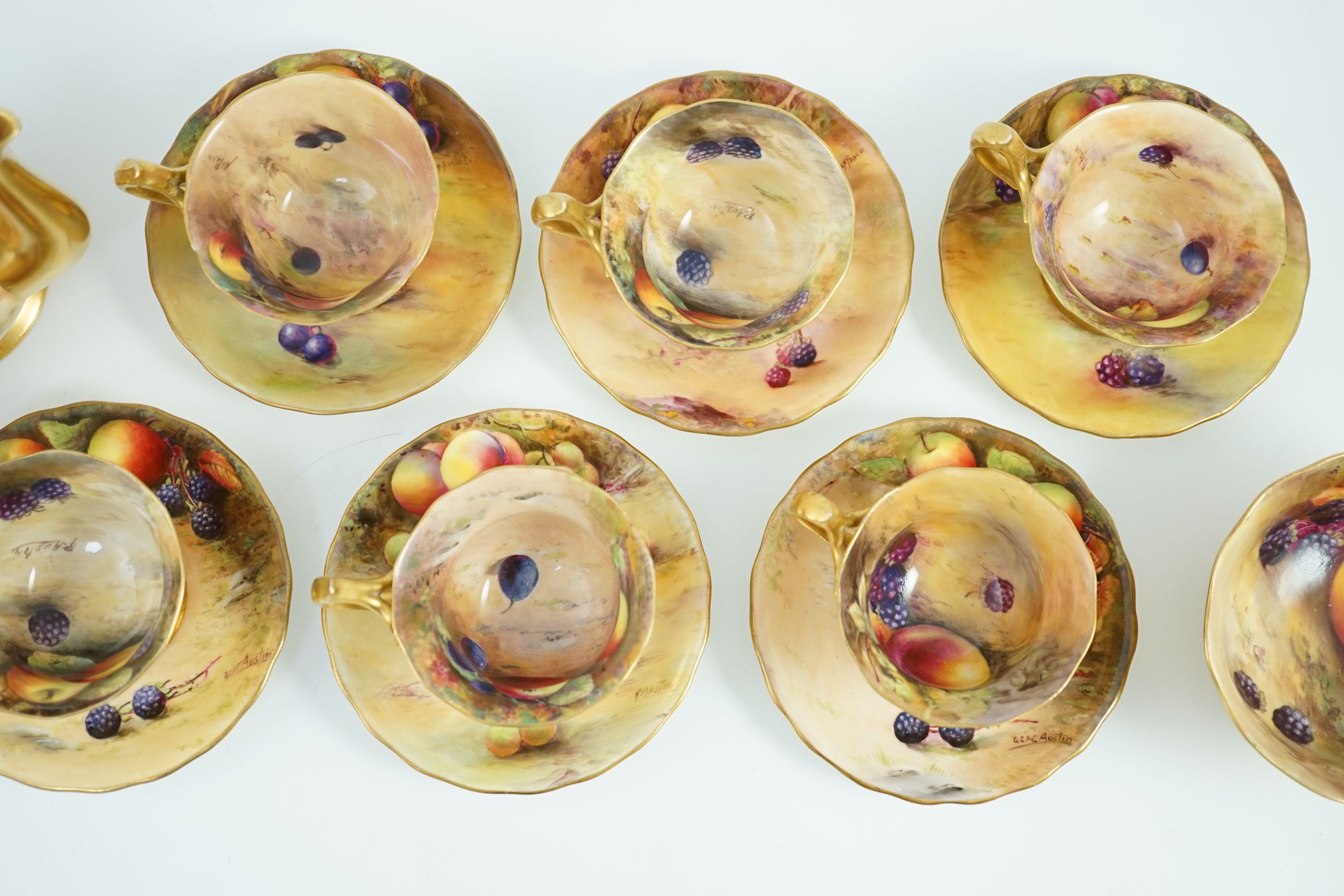 A Royal Worcester fruit painted coffee set, c.1924/25, painted by H N Price, W H and R. Austin, H. - Image 6 of 13