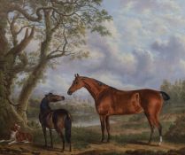 Charles Towne (1763-1840) Two horses and a dog in a landscape, a castle beyondoil on canvassigned