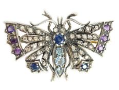 A Victorian gold and silver, diamond, amethyst, sapphire and aquamarine? set butterfly brooch,