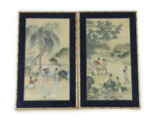 A pair of Chinese silk paintings of ladies in gardens, 19th century, one depicting ladies weaving,