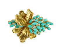 A 1970's textured 18ct gold, turquoise and diamond set cluster clip brooch, of foliate design, maker