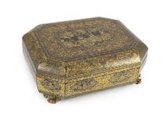A Chinese gilt-decorated lacquer games box, mid 19th century, typically decorated with figures
