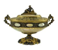 A 19th century Italian silvered and ormolu mounted mother of pearl casket, of urn form, with figural