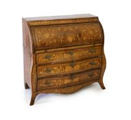 An early 19th century Dutch walnut and floral marquetry bombe cylinder bureau, inlaid throughout