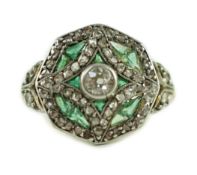 A Belle Epoque gold, emerald and diamond cluster set octagonal dress ring, size M, gross 4 grams.Two