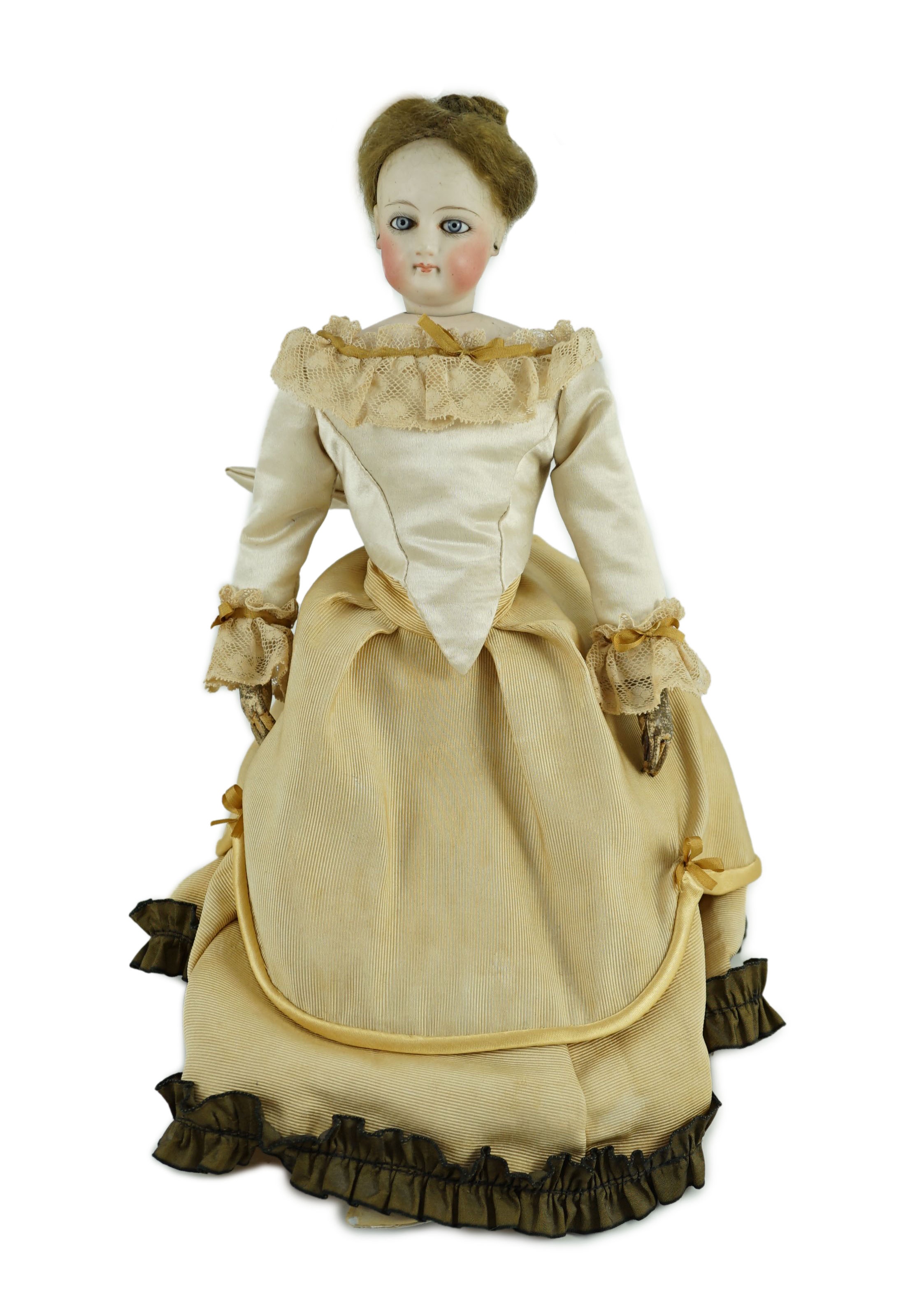 An S.G. bisque shoulder head French fashion doll c.1875, cork pate mohair wig attached, swivel neck, - Image 7 of 11