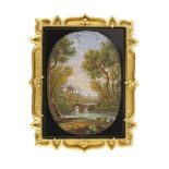 A 19th century Italian gold mounted micro-mosaic plaque, depicting an Italianate landscape, 5.5 x