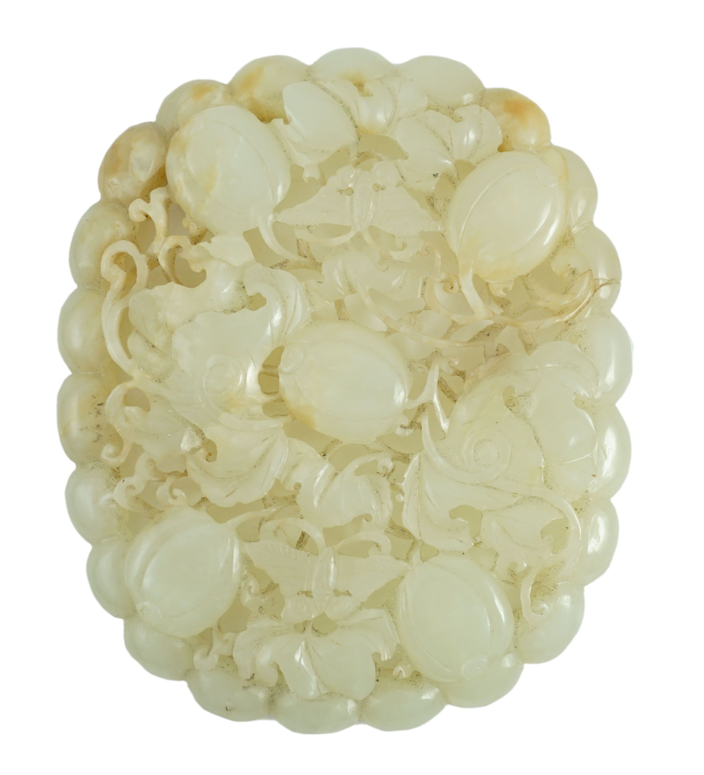 A Chinese pale celadon jade oval openwork plaque, 19th century, probably taken from a ruyi