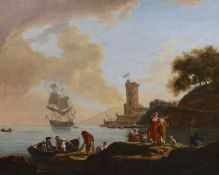 Flore Marescaille de Caffort (French, 1778-1846) Claudian style harbour scenes with figures dis-