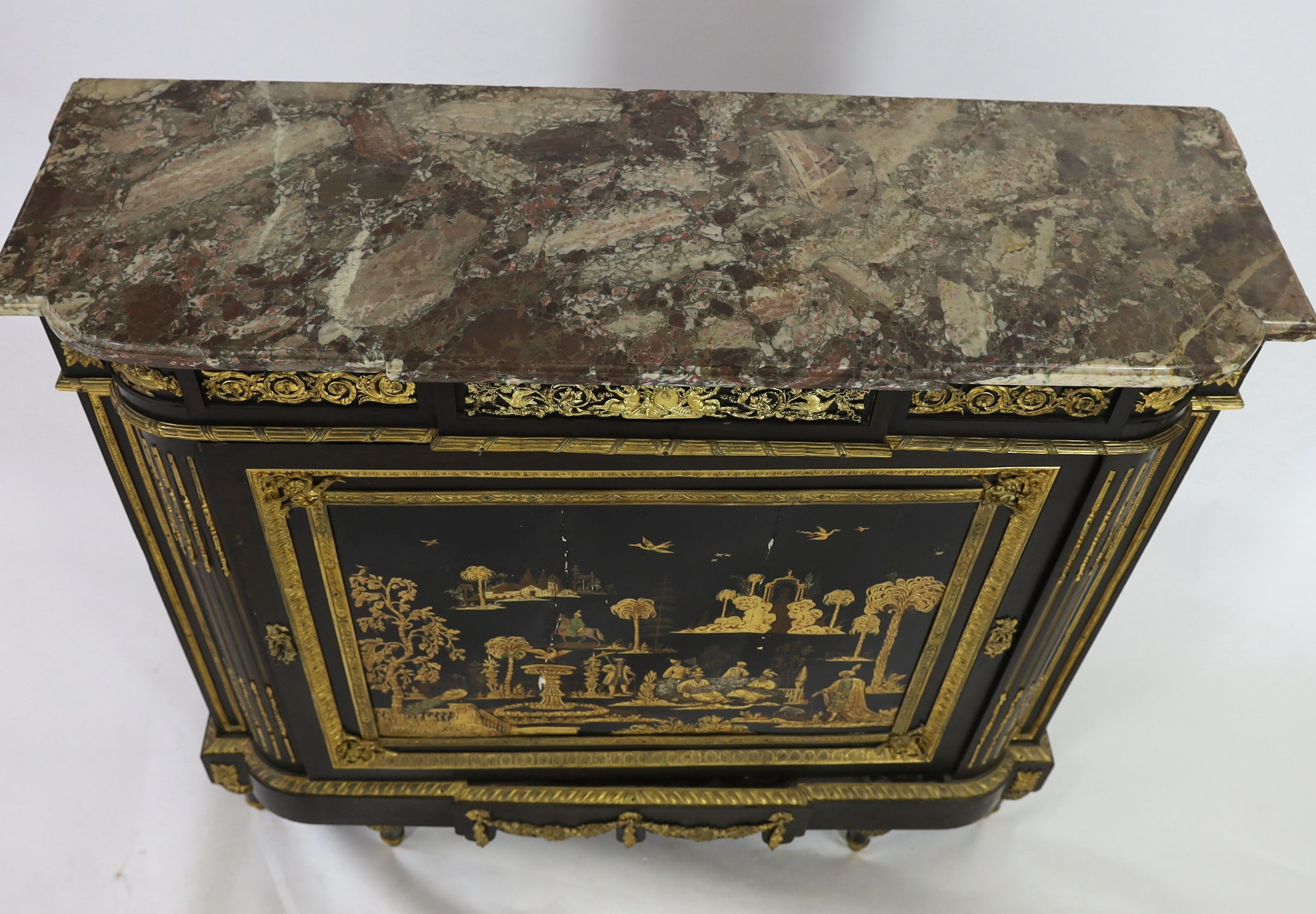 A 19th century French Louis XVI style ormolu mounted ebonised side cabinet, with breakfront rouge - Image 5 of 5