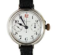 A gentleman's rare early 20th century Longines 900 standard silver manual wind chronograph wrist