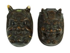 An unusual Japanese double noh mask wood container, early 20th century, one side carved with Shoki