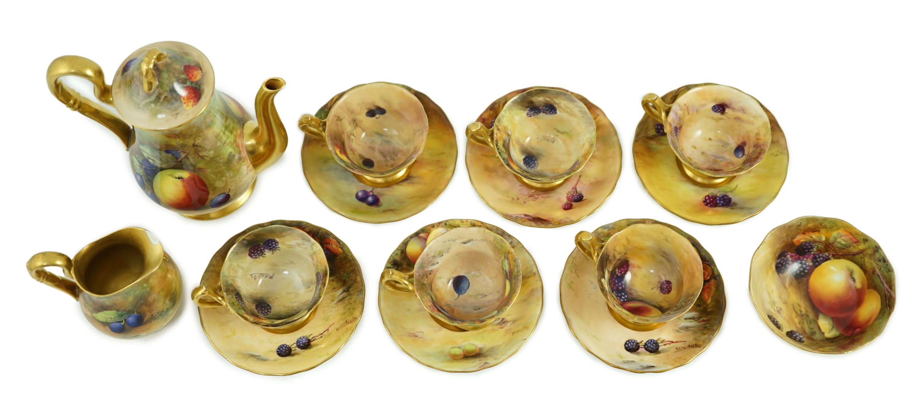 A Royal Worcester fruit painted coffee set, c.1924/25, painted by H N Price, W H and R. Austin, H. - Image 2 of 13