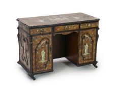 An important 18th century Lombardy ebony banded walnut and ivory inlaid twin pedestal desk, the