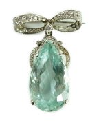 A mid 20th century continental white gold, facet cut pear shaped aquamarine and diamond set drop