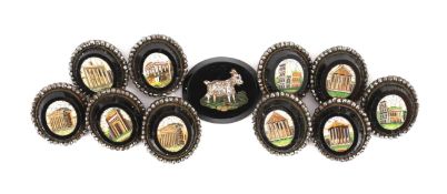 A set of ten 19th century Italian micro-mosaic buttons, mounted within cut steel borders, each