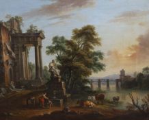 Jean Baptiste Lallemand (French, 1716-1808) Travellers in Italianate landscapes with classical ruins