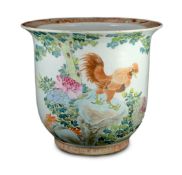A large Chinese famille rose 'chicken' flower pot, early 20th century, painted with a Cockrell and a