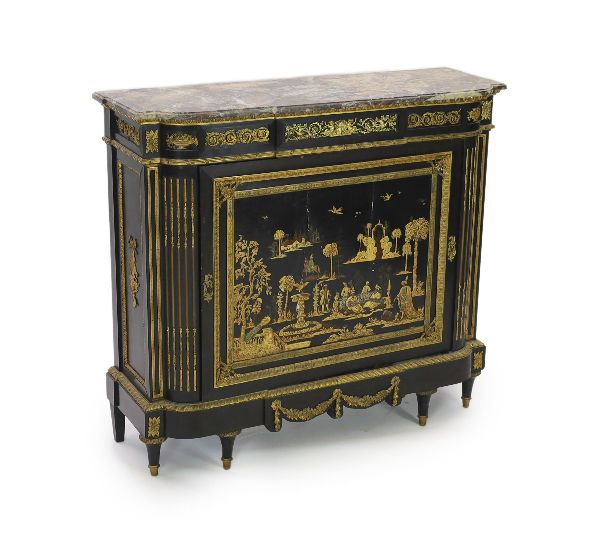 A 19th century French Louis XVI style ormolu mounted ebonised side cabinet, with breakfront rouge