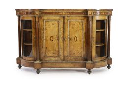 A Victorian walnut and marquetry side cabinet, with central twin panelled doors and bowed glazed
