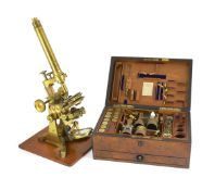 A good Victorian lacquered brass monocular microscope, originally owned by civil engineer Charles