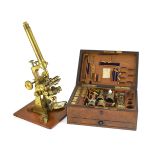 A good Victorian lacquered brass monocular microscope, originally owned by civil engineer Charles