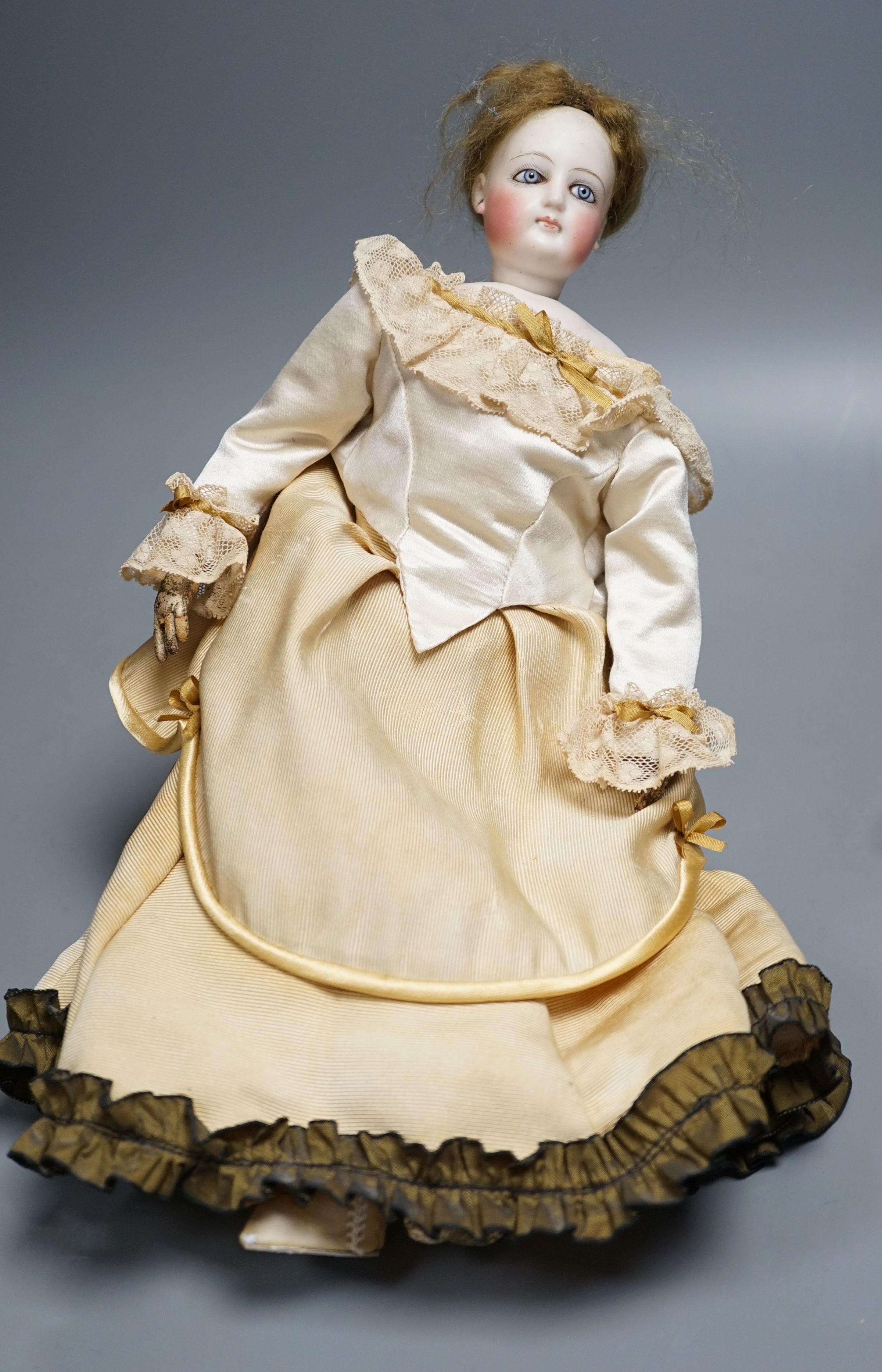 An S.G. bisque shoulder head French fashion doll c.1875, cork pate mohair wig attached, swivel neck, - Image 3 of 11