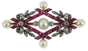 An early 20th century gold and silver, cultured pearl, ruby and diamond cluster set diamond shaped