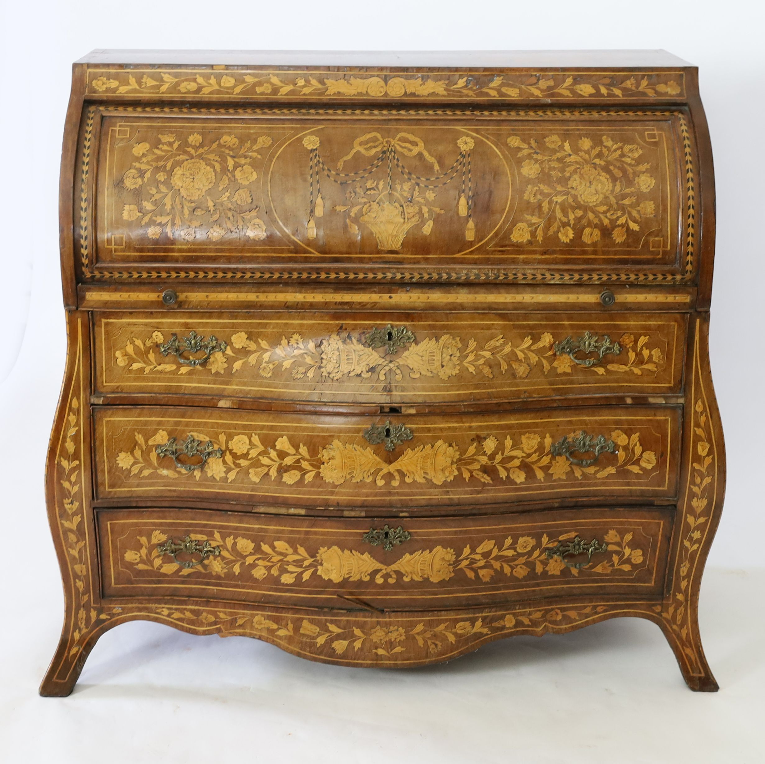 An early 19th century Dutch walnut and floral marquetry bombe cylinder bureau, inlaid throughout - Image 2 of 4