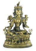 A Sino-Tibetan bronze seated figure of Green Tara, 23.5 cm highGood condition.PLEASE NOTE:-