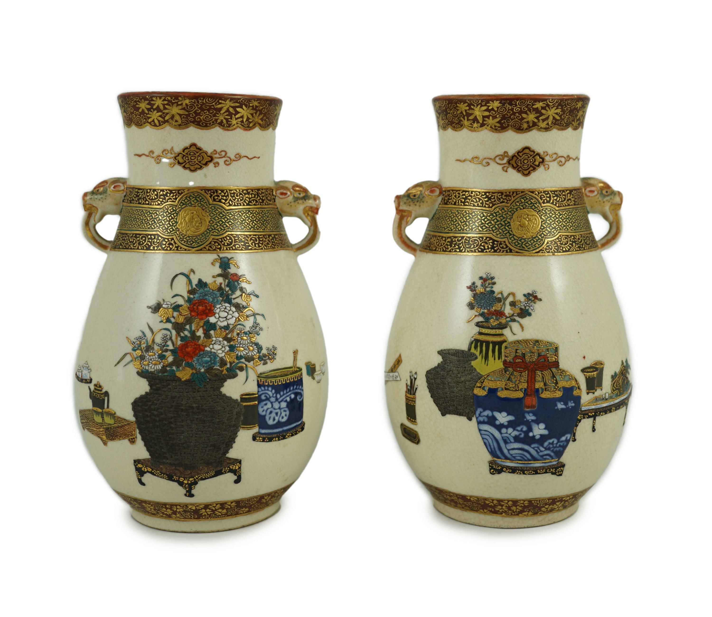 A pair of Japanese Satsuma pottery vases, by Bizan, Meiji period, of pear shape applied with a - Image 3 of 17