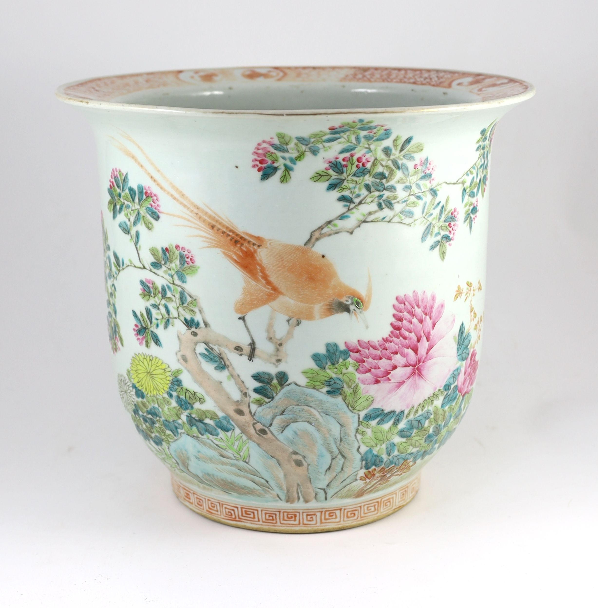 A large Chinese famille rose 'chicken' flower pot, early 20th century, painted with a Cockrell and a - Image 2 of 4