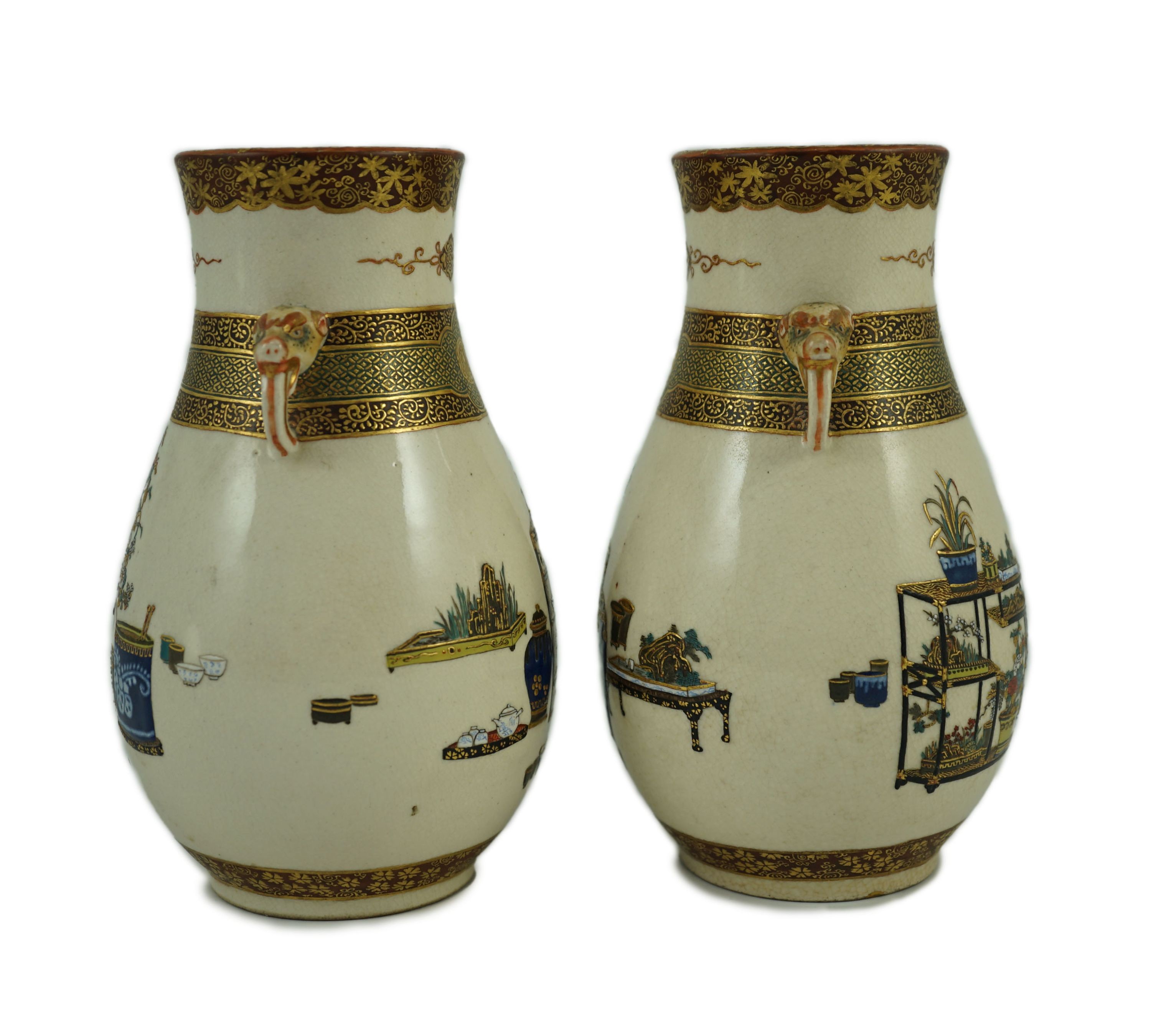 A pair of Japanese Satsuma pottery vases, by Bizan, Meiji period, of pear shape applied with a - Image 4 of 17